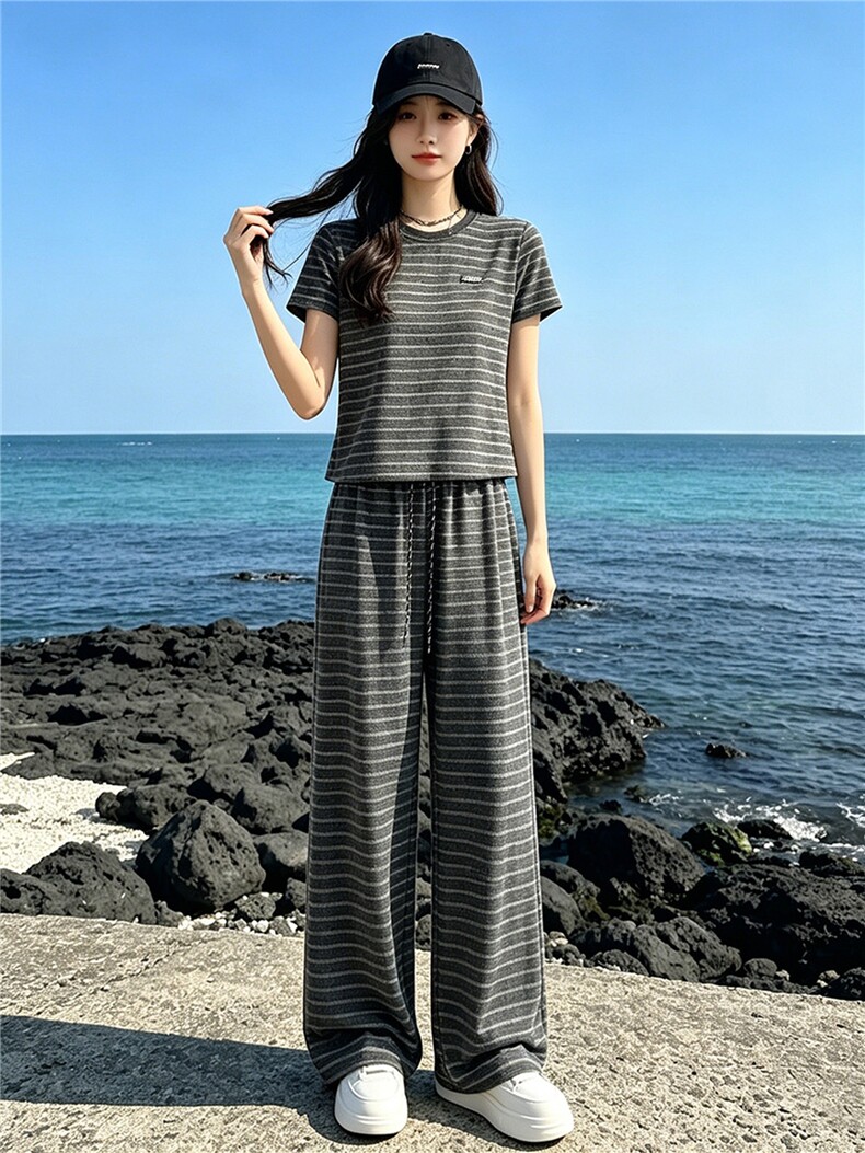 女夏季新款时尚休闲套装欧货圆领条纹短袖上衣高腰阔腿长裤两件套,女装套装/套裙,江南