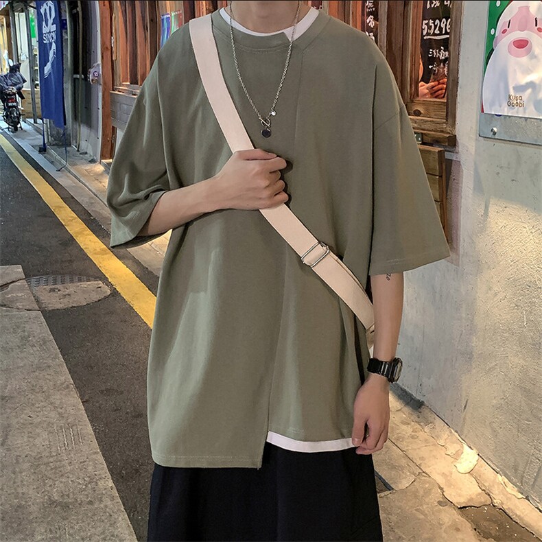 休闲五分袖潮流不规则上衣港风文艺设计拼接感T桖HY30TP35控48,男装T恤,电商A102B