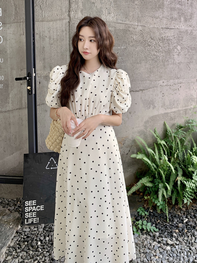 日系减龄高级感少女风连衣裙女2025夏季复古俏皮小清新波点长裙潮,女装连衣裙,红龙果