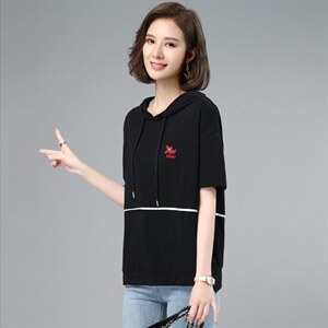 【货源稳定常年不下架】2026夏装新款刺绣连帽短袖T恤女纯色B617图片