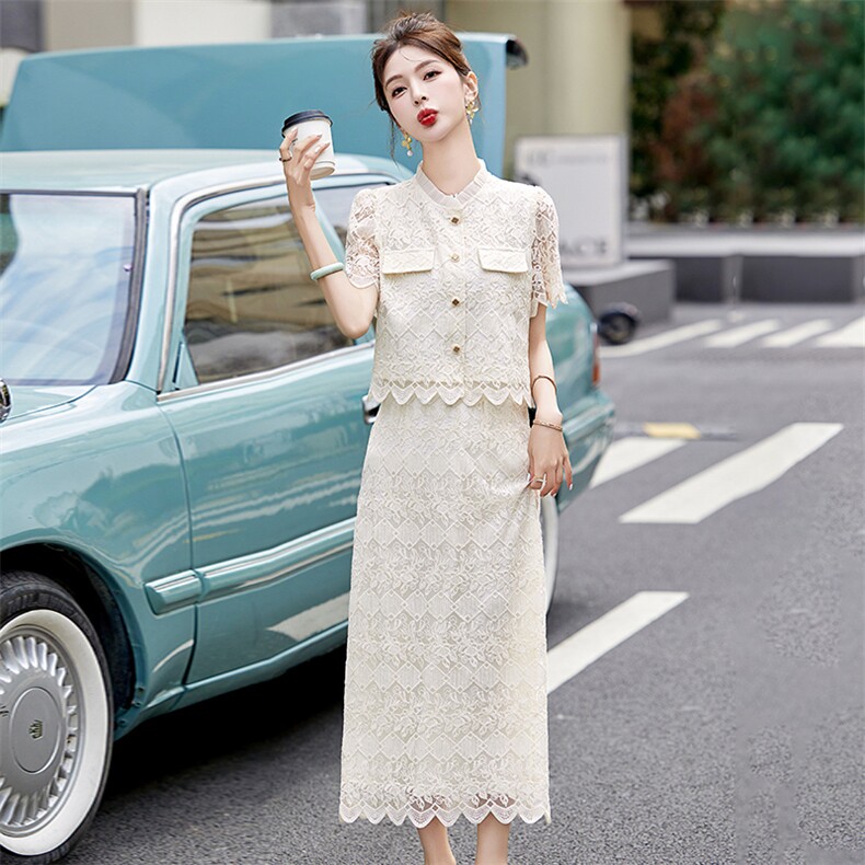 小香风蕾丝套装裙女2025夏季新款名媛气质刺绣上衣半身长裙两件套,女装套装/套裙,天丽