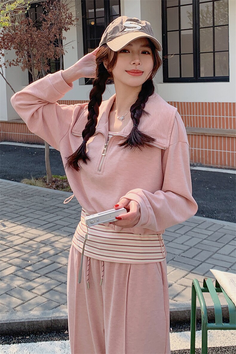 （现货）时尚休闲套装女宽松显瘦翻领卫衣背心阔腿裤三件套潮,女装套装/套裙,韩蔻秀