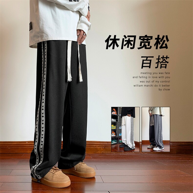 百度休闲卫裤条纹直筒抽绳束脚裤华夫格长裤   K910-特批40图片