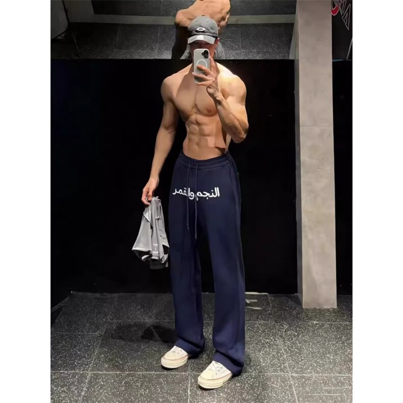 刺绣藏蓝微喇男女显瘦美式运动百搭直筒休闲裤松弛感卫裤HW39P42,男装休闲裤,星座1112-1