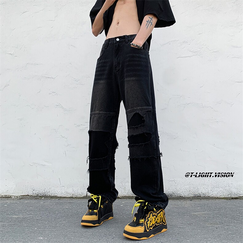 B221美式ins高街暗黑小众撞色破洞直筒牛仔裤LK23109-P65控88,男装牛仔裤,电商B221