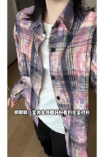 港风少年感格子长袖衬衫潮牌宽松休闲痞帅外套男V3072-TP28不，男装衬衫，电商A102