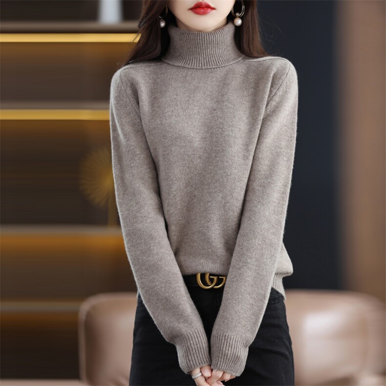 女士秋冬羊毛衫简约休闲舒适显瘦高翻领羊毛衫,女装羊毛衫,贝恒羊绒