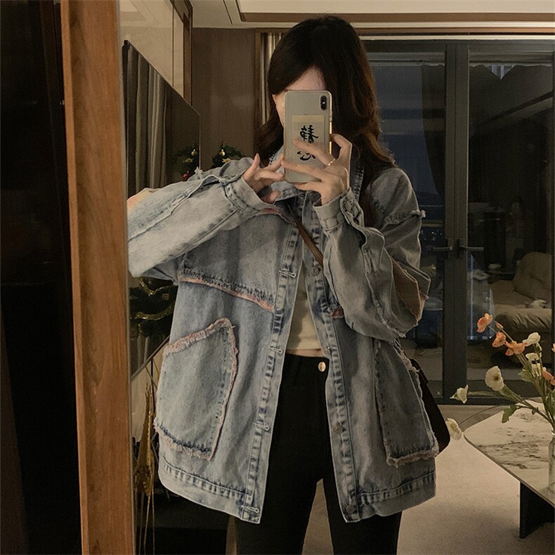 格子贴布毛边设计感做旧水洗牛仔外套男女潮复古宽松夹克C752-88图片