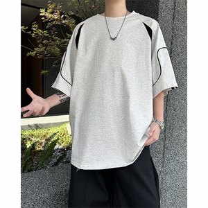 8XL-M 美式小众高级感拼接短袖T恤男夏简约百搭宽松纯棉上衣DX336图片