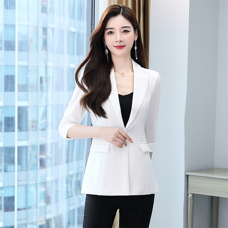 品质七分袖白色西服外套女春夏新款修身显瘦一粒扣通勤职业工作服，女装西装，时尚俏佳人
