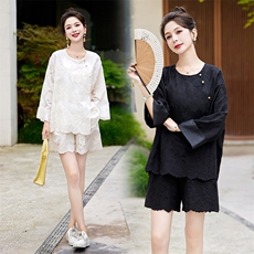 2025年夏季新款女装时尚潮流新中式蕾丝刺绣两件套，女装套装/套裙，关键词