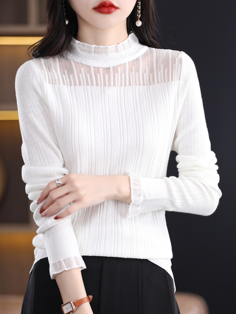 正品简织禾100纯羊绒衫女新款蕾丝拼接时尚长袖羊毛针织打底衫薄,针织衫/毛衣,暖烁羊绒