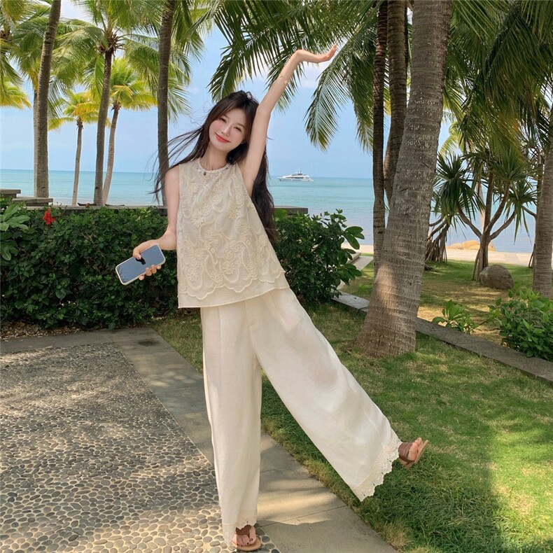 2025夏季新款法式蕾丝绣花小衫高腰直筒阔腿裤天丝棉麻两件套装女图片