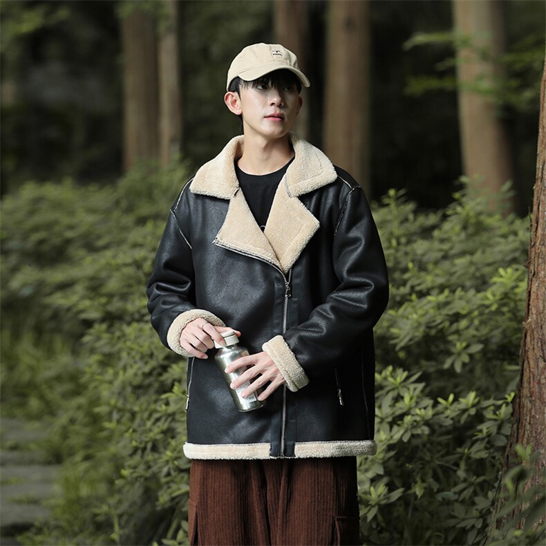 户外翻领皮衣加绒加厚男女冬季宽松休闲外套D012-P125,男装皮衣,星座717