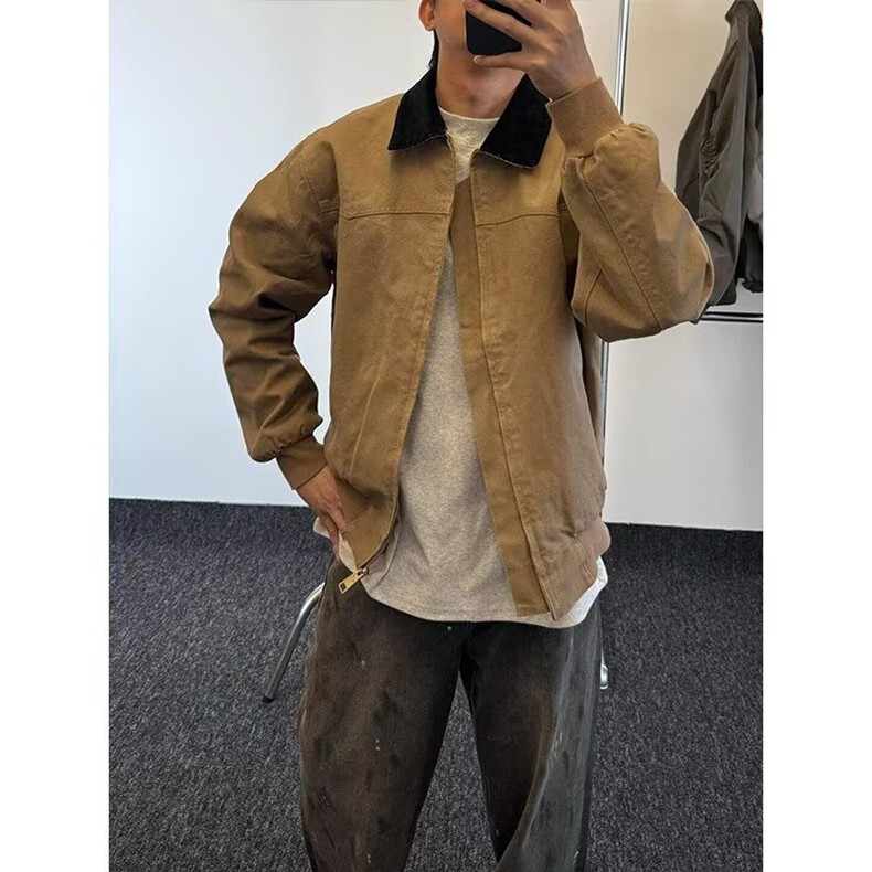 卡其色帆布水洗牛仔夹克男美式潮牌翻领外套情侣巴恩风工装飞行服,男装夹克,星座218-8