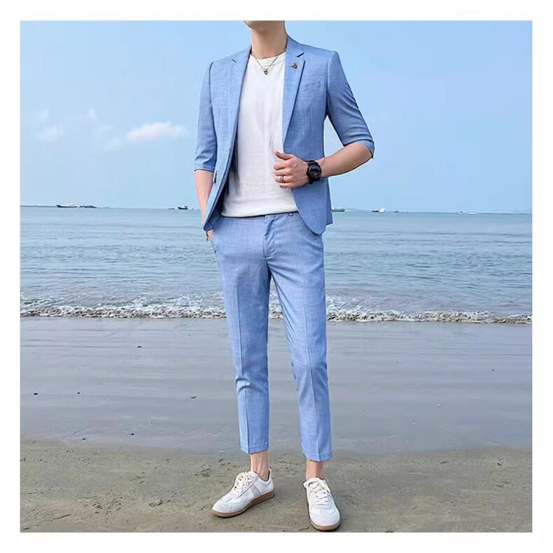 夏季薄款中袖西装套装两件套帅气男装西服套装1012-W2101-P195,男装西服,星座1012
