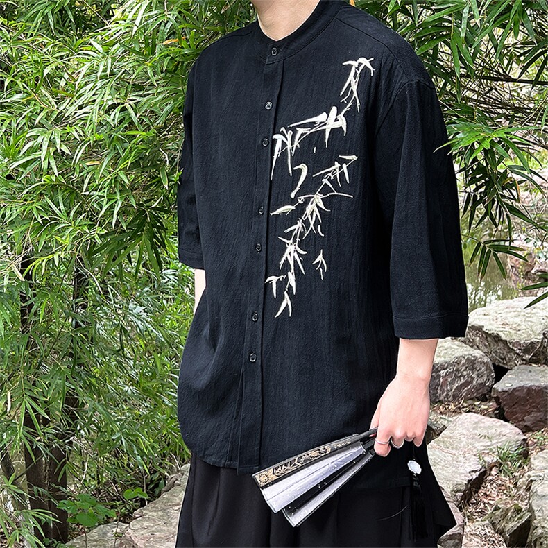 现货！新中式风外景24夏季立领衬衫上衣情侣绣花T29-P65,男装衬衫,电商A021