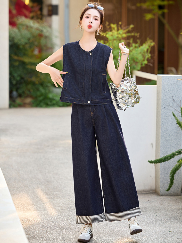 牛仔套装女2025夏新款韩系高级松弛感超火减龄休闲无袖一整套穿搭,女装套装/套裙,意芙