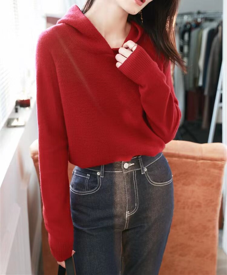 新款春秋宽松休闲连帽卫衣女韩版针织打底帽衫内搭毛衣,针织衫/毛衣,半城羊绒