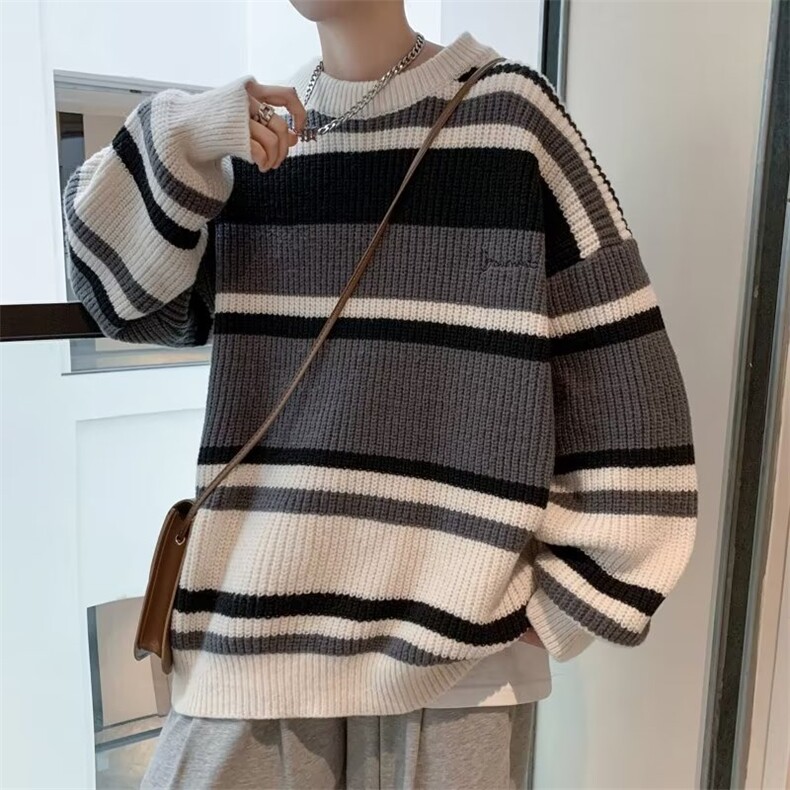 oversize慵懒风条纹毛衣男款秋冬季针织衫宽松男女外套M9137-P45,男装针织衫/毛衣,星座1008