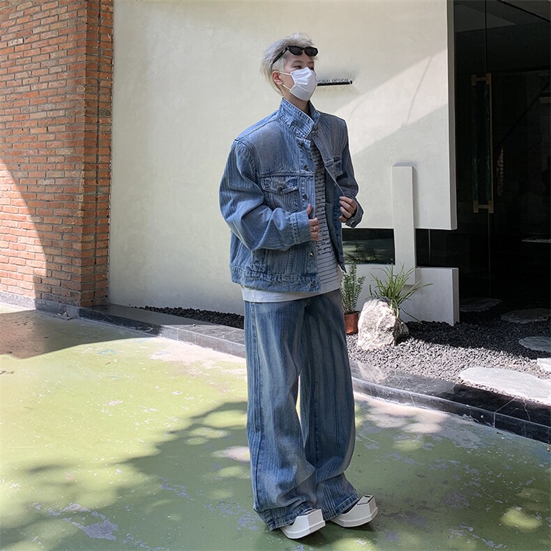 美式潮牌垫肩水洗牛仔外套男款宽松休闲时尚牛仔裤两件套,男装休闲套装,星座410-7