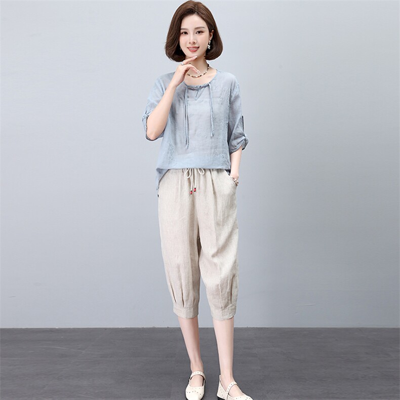 2024夏季苎麻时尚简约大方气质优雅纯色休闲透气两件套，女装套装/套裙，独衣靓