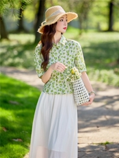 高级感时尚套装裙女春夏短袖绿花衬衫减龄半身裙两件套，女装套装/套裙，水衣源