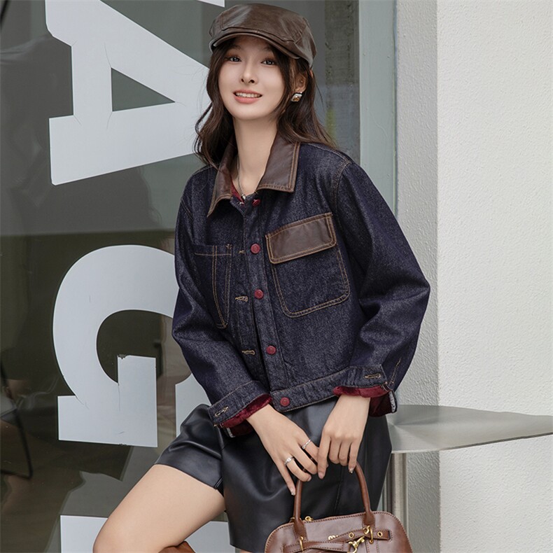 安可拉红牛仔外套女高级感撞色上衣2024秋冬加绒加厚PU皮拼接夹克，女装牛仔外套，美拉德工厂直营店