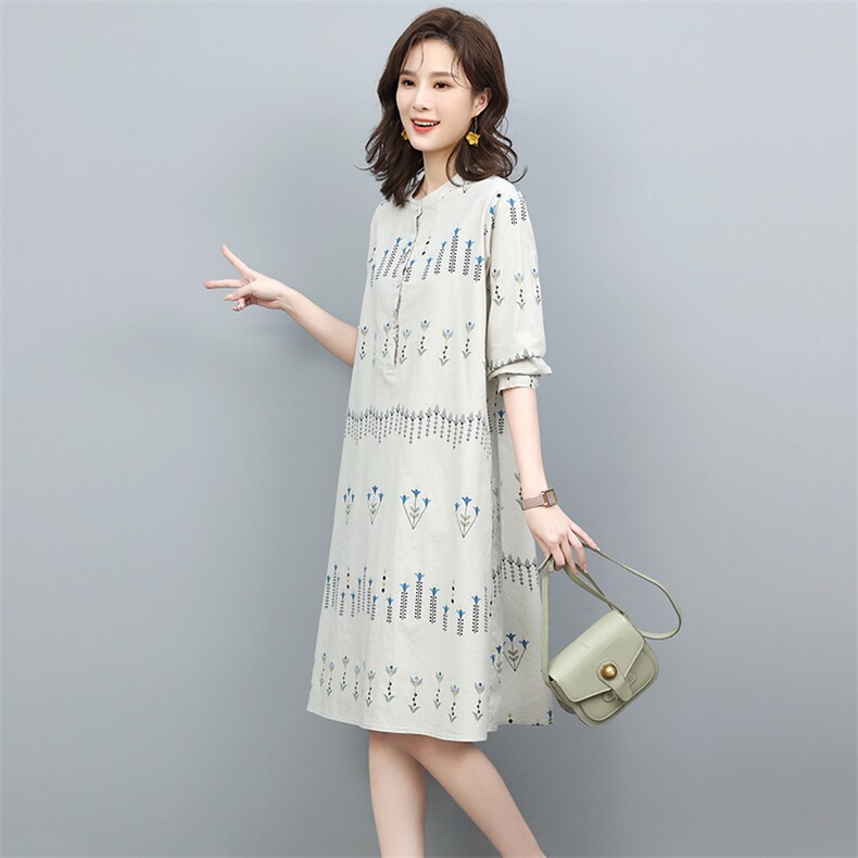 2022年春季新款韩版纯棉长袖连衣裙女中长款舒适显瘦印花裙子气质,女装连衣裙,忆绮罗