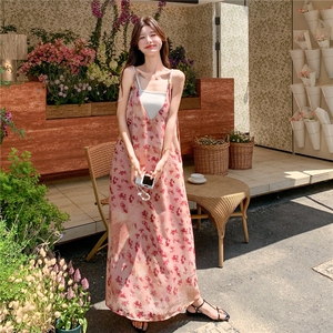 V领中长裙法式印花提花连衣裙设计感性感夏季长裙图片