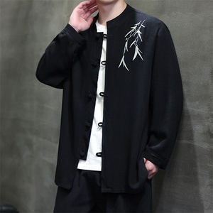 现货25新款春装风真亚麻长袖立领刺绣衬衫CS28-p85-控108,135斤男生夏季怎么穿搭图片