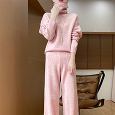 堆堆领100%纯羊毛衫阔腿裤套装女秋冬宽松慵懒风长袖羊绒衫两件套，女装套装/套裙，暖思雅