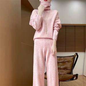 堆堆领100%纯羊毛衫阔腿裤套装女秋冬宽松慵懒风长袖羊绒衫两件套图片