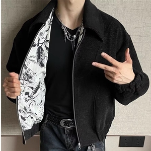 重磅粗花纱毛呢肌理质感水墨花短款外套男女秋季夹克外套,黑色皮尤毛外套搭配图片