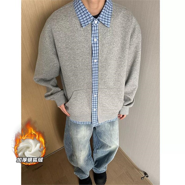 网图银狐绒450g重磅假两件格子男卫衣外套W5436J加绒-特P55控99,女装短外套,电商A001