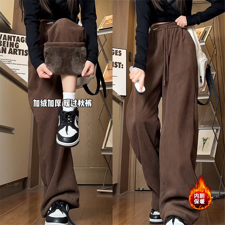 黑色灯芯绒运动卫裤男款秋冬加绒加厚保暖阔腿裤超厚羊羔绒长裤子,男装休闲裤,电商A102