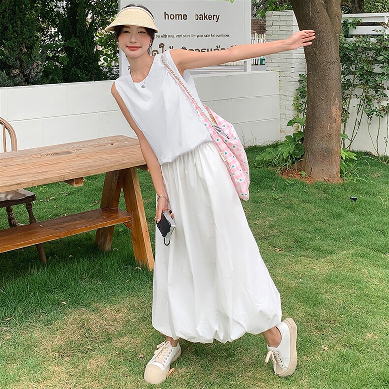 白色花苞半身长裙无袖背心套装两件套女夏甜美减龄气质御姐,女装连衣裙,幸运星