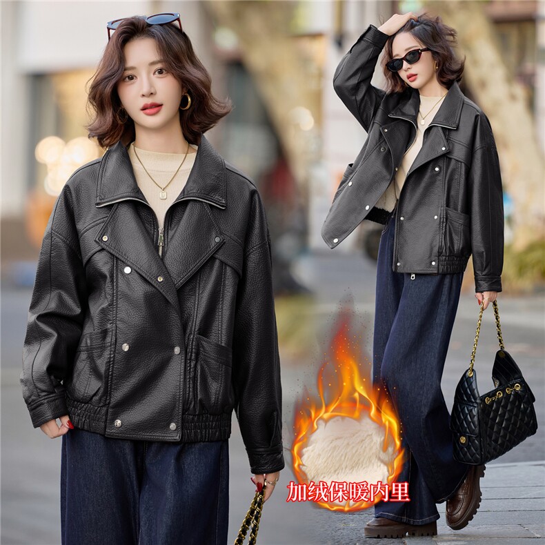 2025冬新加绒仿真皮皮衣女杨树林机车夹克宽松廓形泡皮短款外套，女装皮衣，江南女神