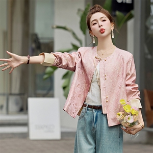 粉色提花新中式国风外套女2025新款改良流苏盘扣开春超火唐装上衣图片