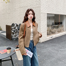 美拉德棕色复古麂皮绒外套女2025秋季巨好看高级感拼皮翻领夹克，女装短外套，2C126
