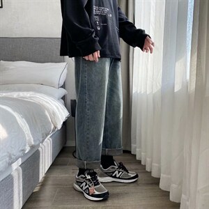 阔腿牛仔裤男潮牌韩版宽松九分裤直筒港风痞帅男女裤子F102-p35，男装牛仔裤，星座1008-2