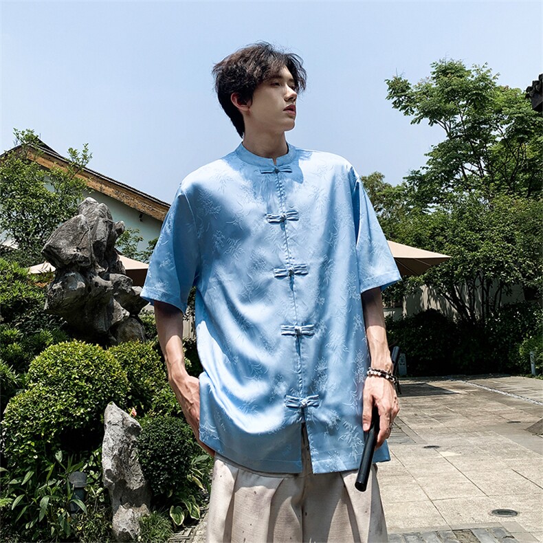 新中式外景夏季新款冰丝暗纹竹子提花上衣短袖T恤T2802-P65-控88,男装T恤,电商A021