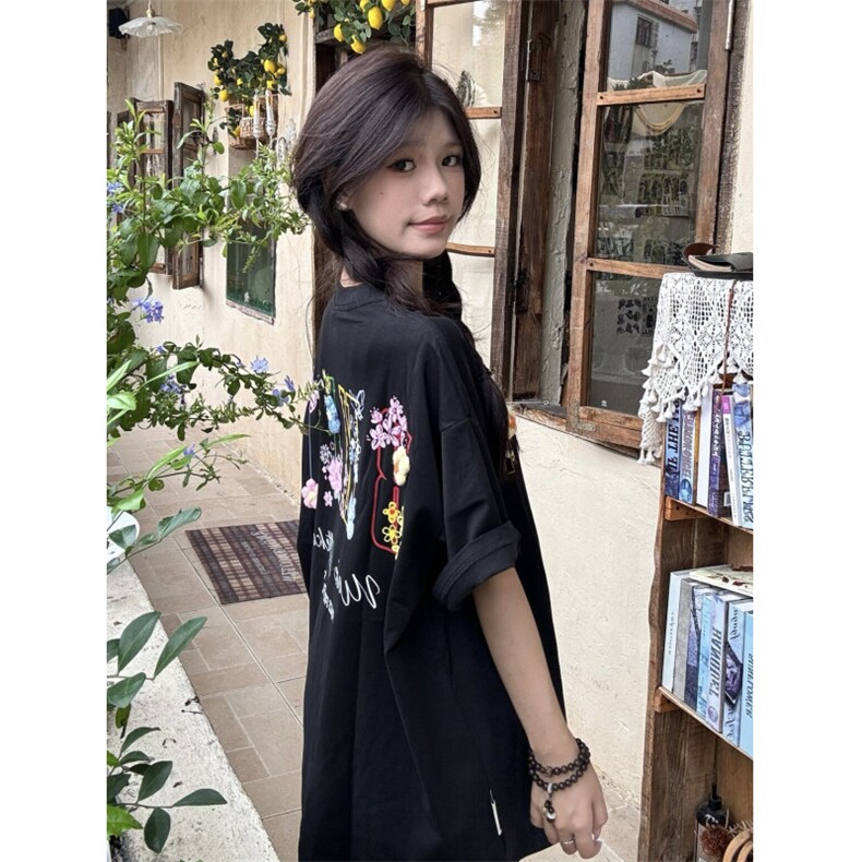 H1016-P35现货#订标+订立体辅料螺纹领宽松短袖T恤,女装T恤,星座617A-2