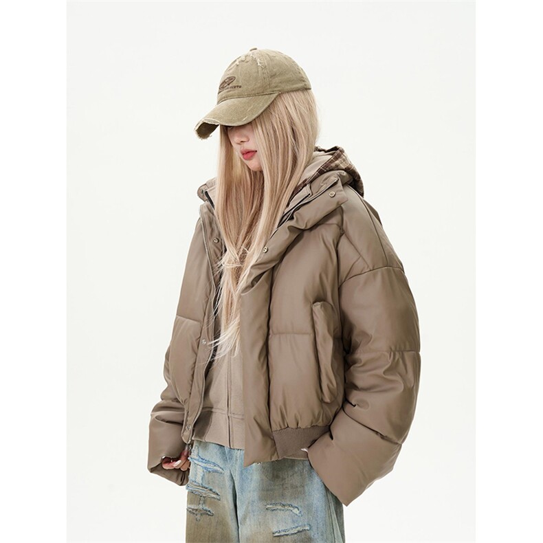 现货5W件冬季三防重磅硬挺boxy短款羽绒立领PU皮棉衣外套加厚棉服，男装棉衣，电商A486-1