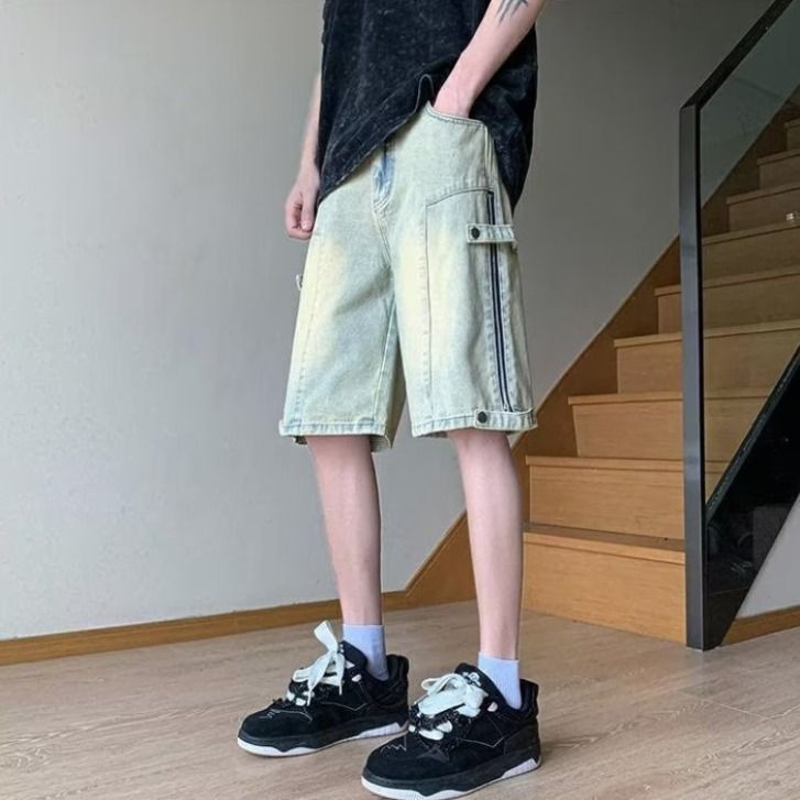 日系复古简约水洗做旧牛仔短裤男女夏季宽松直筒阔腿五分休闲裤子,男装牛仔裤,四季星座505