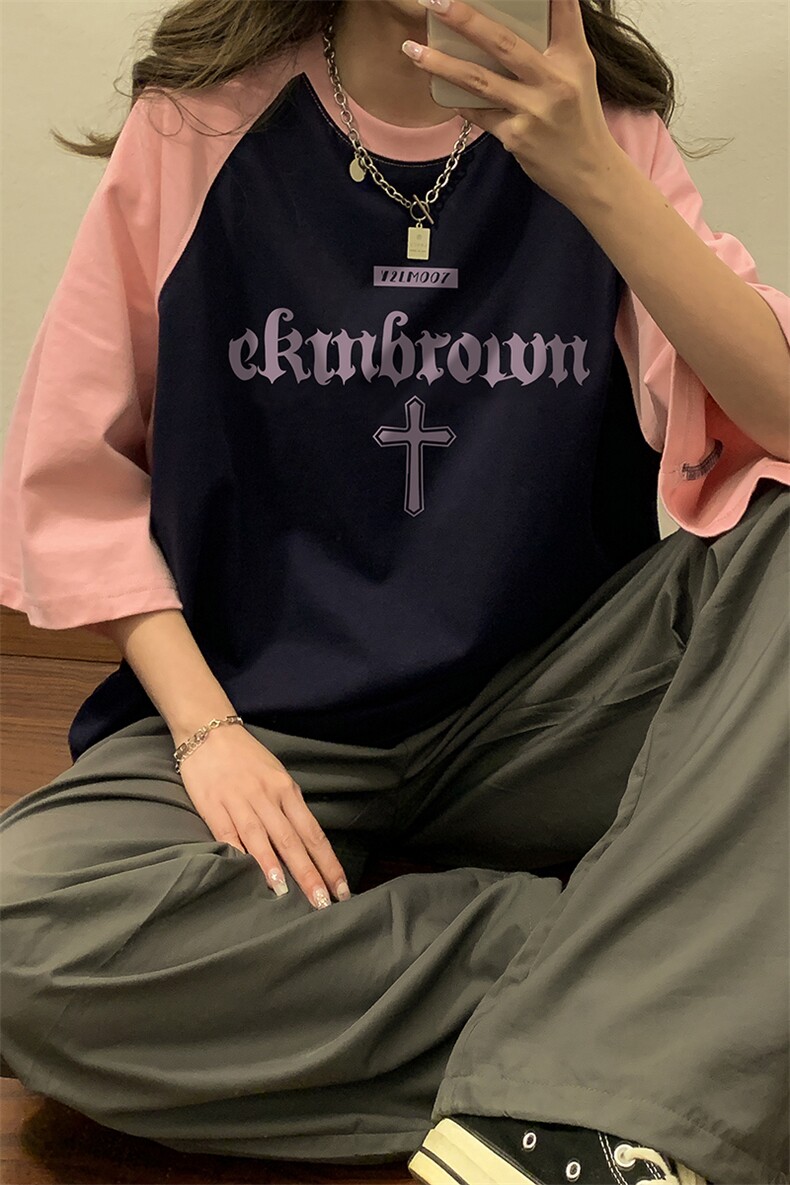 1中性风插肩袖设计T恤情侣女大码美式潮短袖T恤男DT8795P28控49,男装T恤,星座226-2