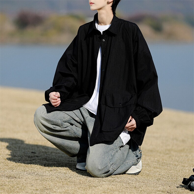 8XL-M春夏廓形衬衫防晒外套特大码多口袋复古慵懒衬衣,男装夹克,电商B238