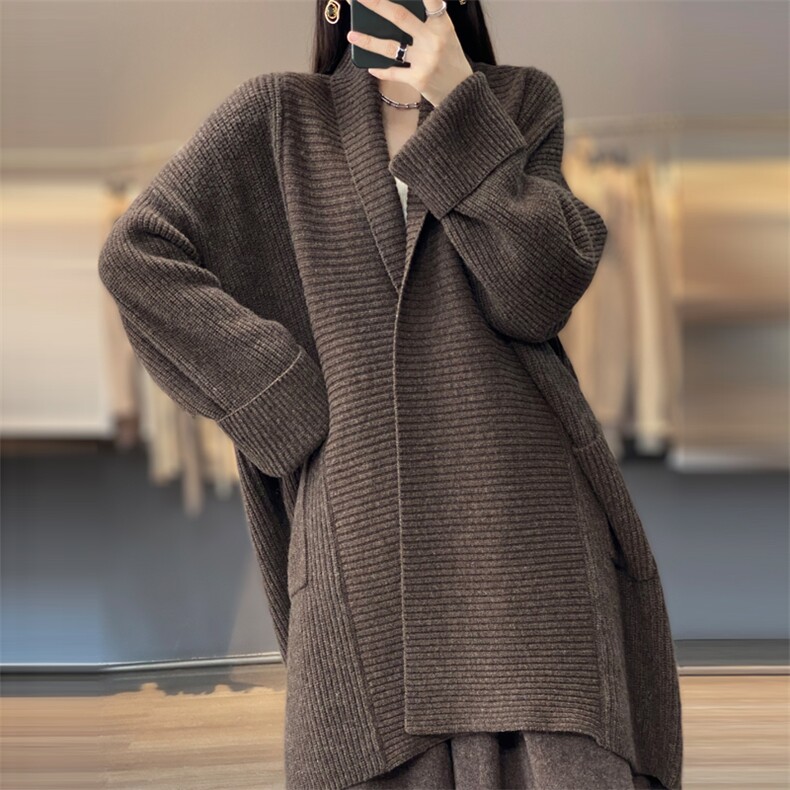 女士秋季新款时尚简约百搭宽松大门襟针织开衫,女装羊毛衫,悦玛羊绒