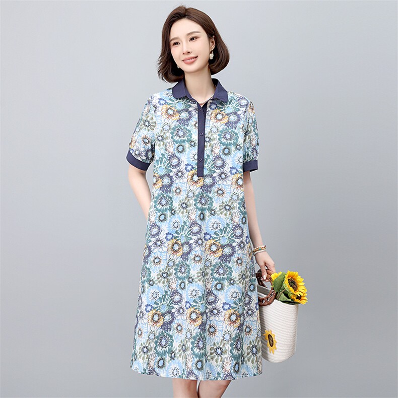 现货2025年夏文艺优雅印花休闲连衣裙,女装连衣裙,依恋蒂丝
