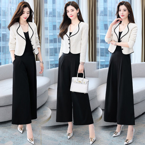 档口大量现货2024秋季新款气质翻领单排扣门襟短外套+阔腿裤，女装套装/套裙，罗腾